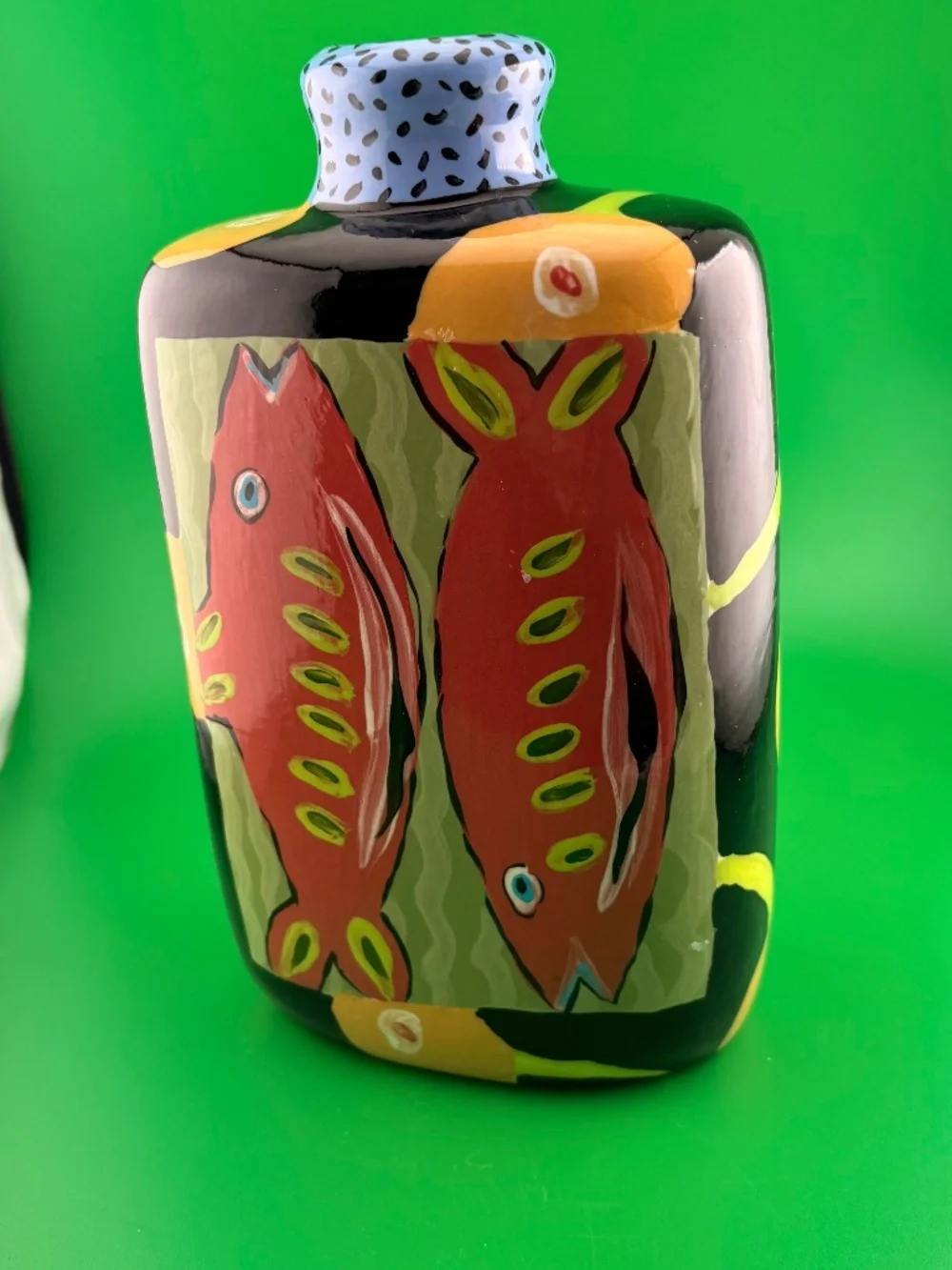 Droll Designs Hand Painted Ceramic Flask Jar Vase 8.5